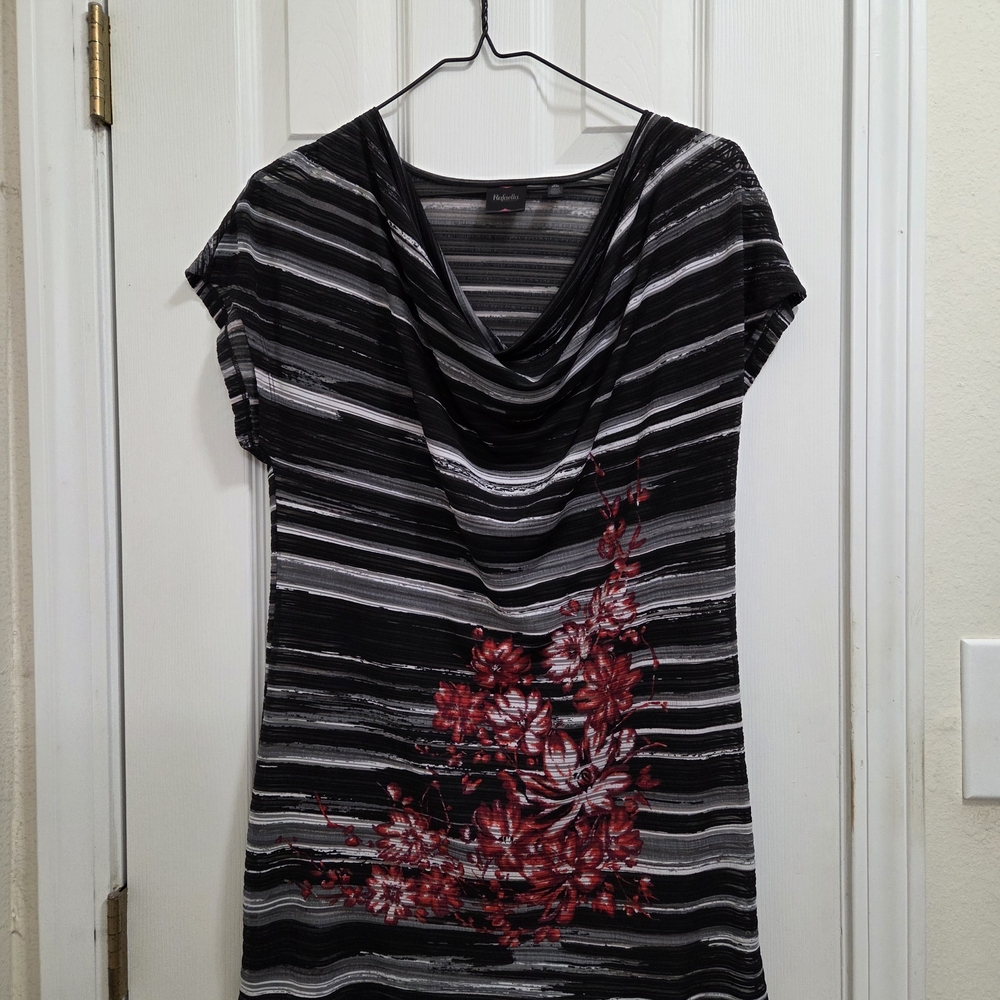 Rafaella Black and Gray Striped Top with Subtle Pink Accents